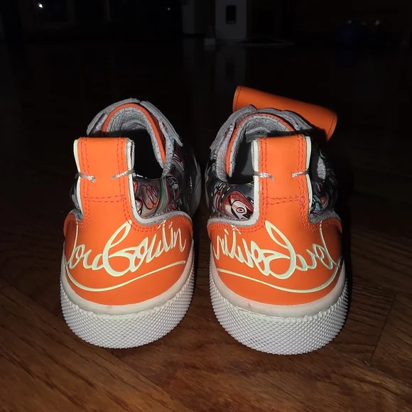 Christian Louboutin Kids' Orange and White Sneakers with Silver Accents - Picture 3 of 10